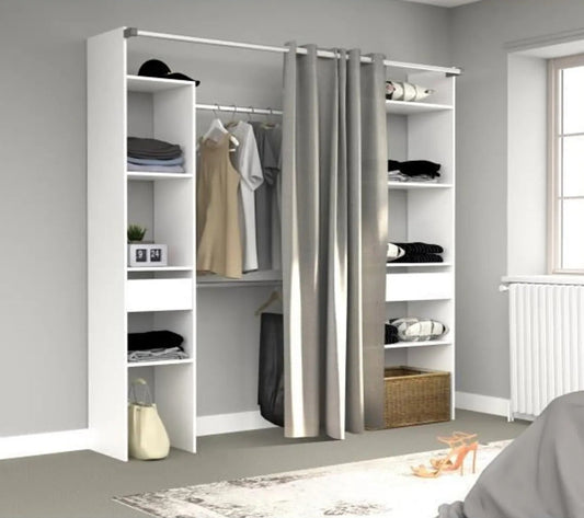 Dressing Avec Rideau - 2 Tiroirs Et 2 Colonnes - Décor Blanc - L 198 X P 40 X H 203 Cm - Artic