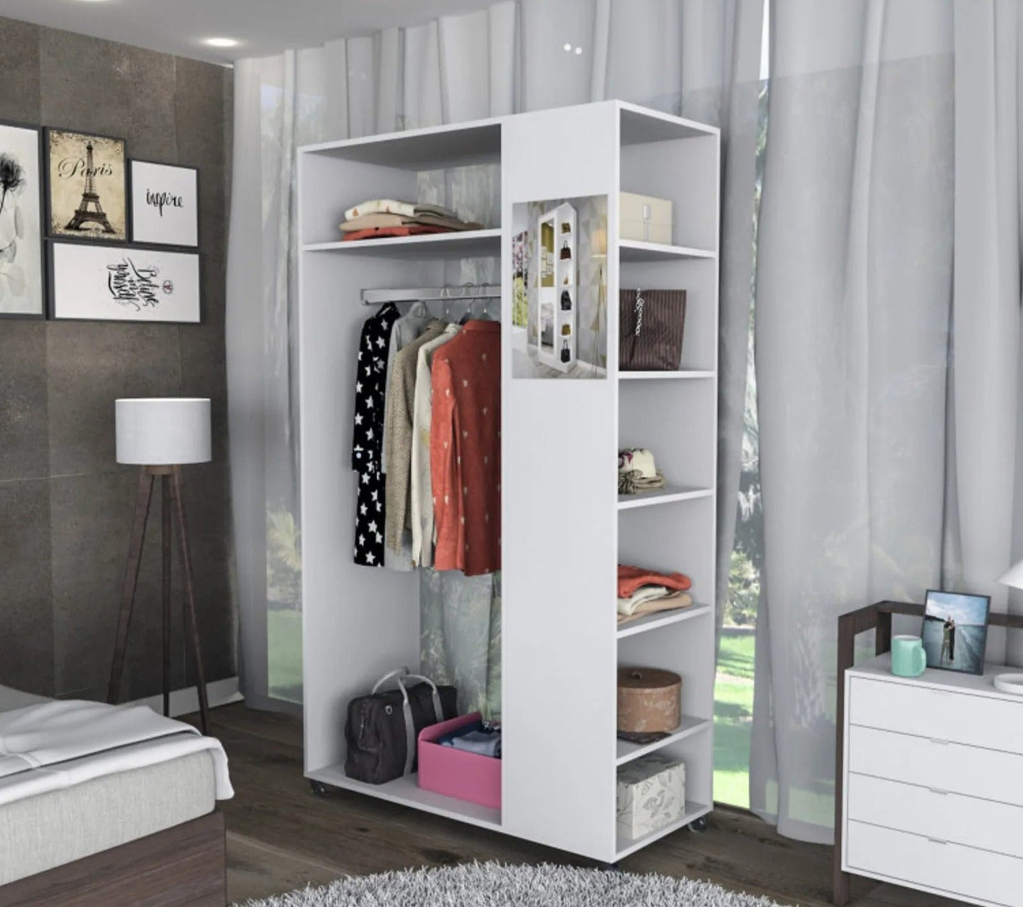 Meuble Dressing Penderie Blanc 8 Niches Miroir Roulettes L 100 H 174 P 45 Cm